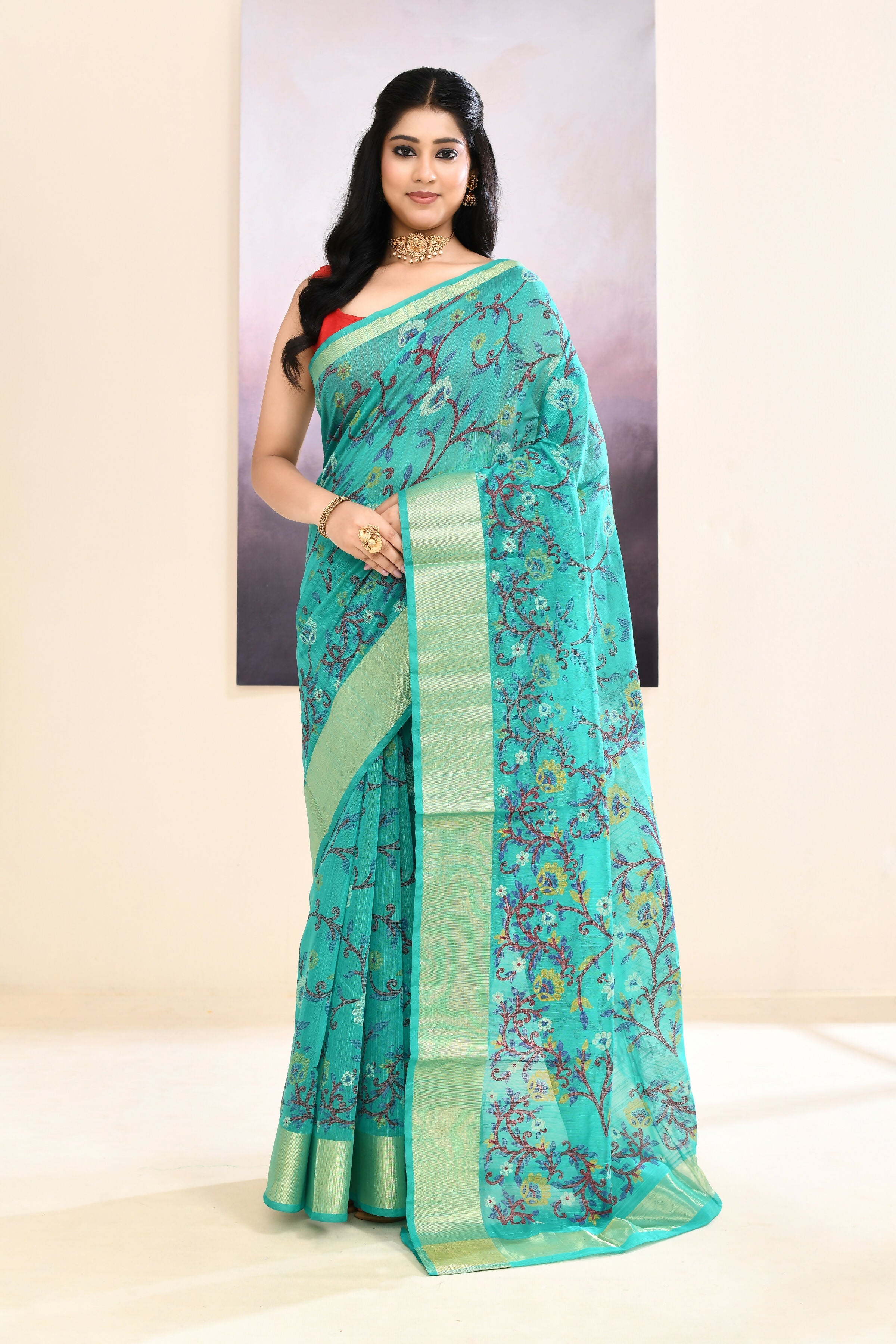 Turquoise Embellished Cotton Blend Printed Saree