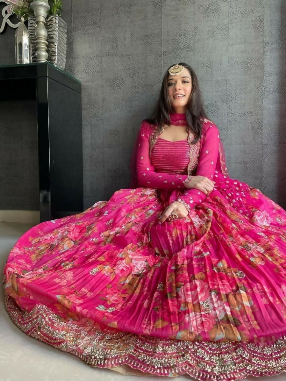 Pink Georgette Lehenga Choli with Jari and Sequin Embroidery