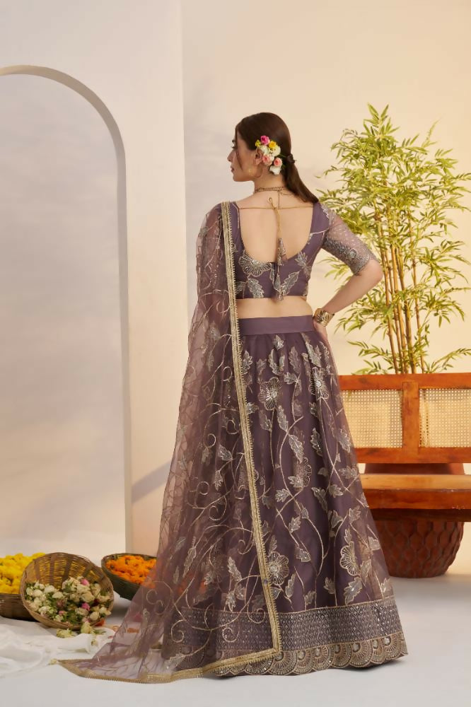 Dark Onion Butterfly Net Wedding Lehenga Choli with Zari Embroidery