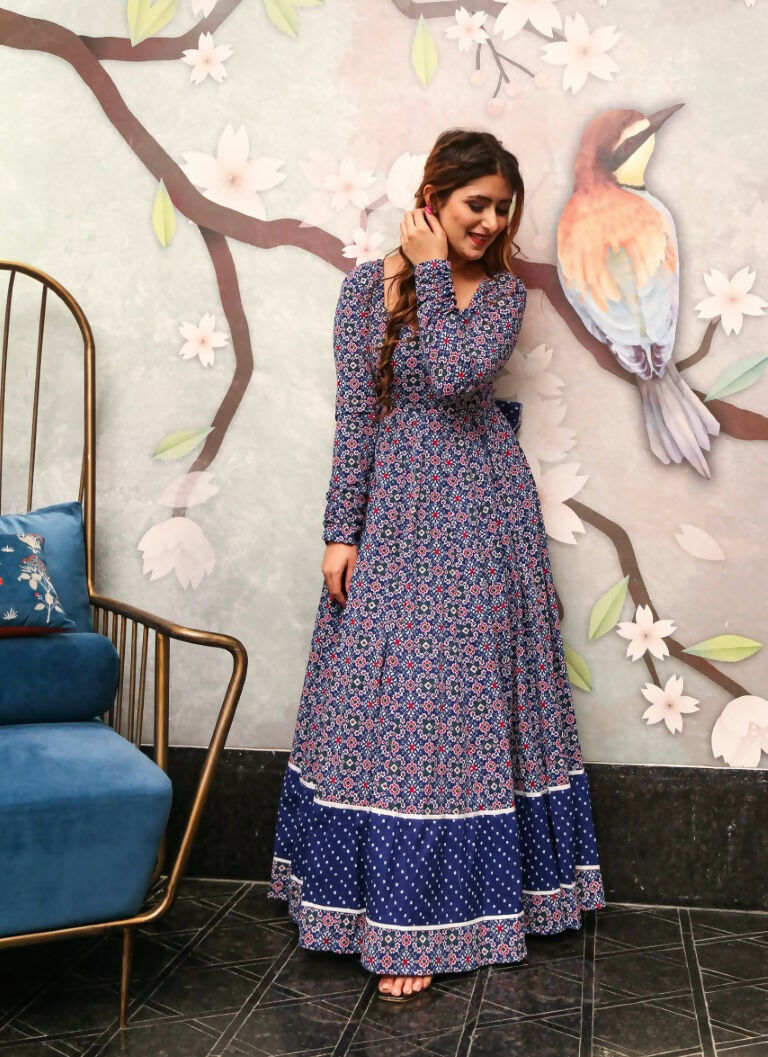 Women's Navy Blue Geometric Print Cotton Silk Anarkali Dress