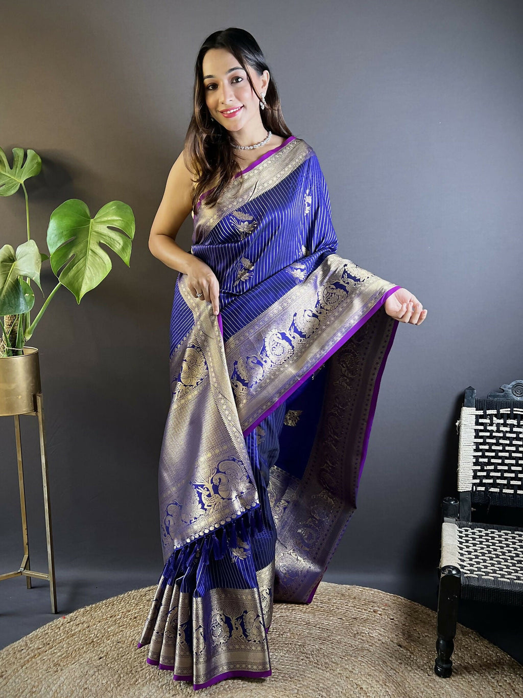 Royal Blue Leheriya Saree with Floral Motifs in Soft Silk