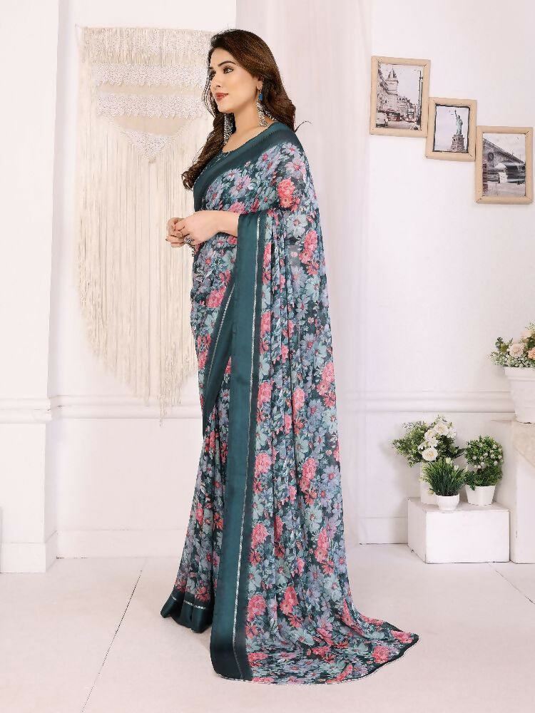Morpich Bright Moss Satin Printed Saree with Floral Accents