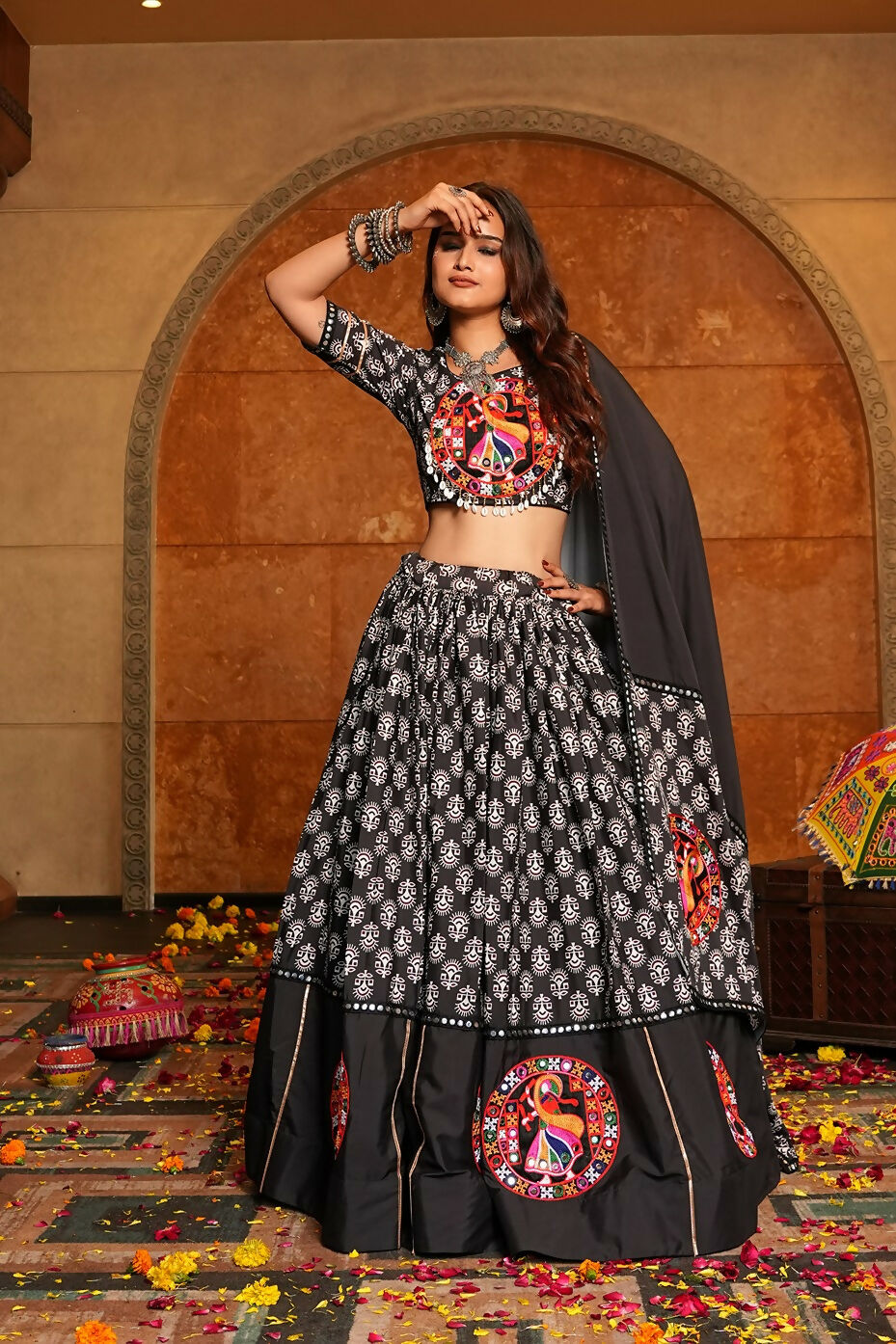All-Black Designer Navratri Lehenga Choli in Crepe Fabric