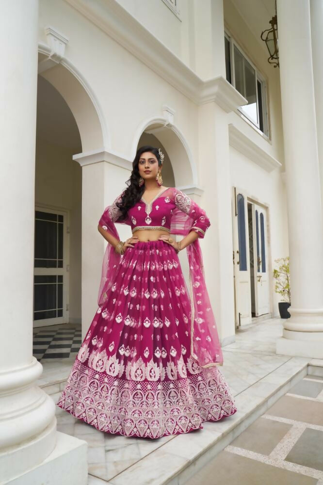 Dark Pink Butterfly Net Lehenga Choli with Sequence Embroidery