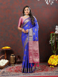 Elegant blue soft silk saree with intricate gold zari woven motifs