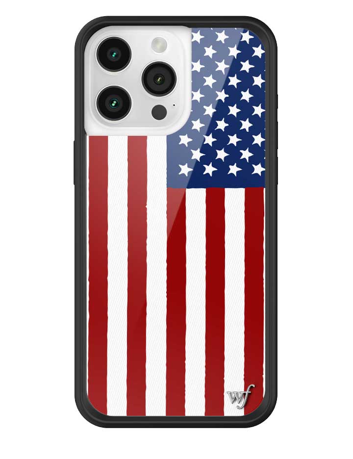 American flag print iPhone case with black bumper and silver logo emblem