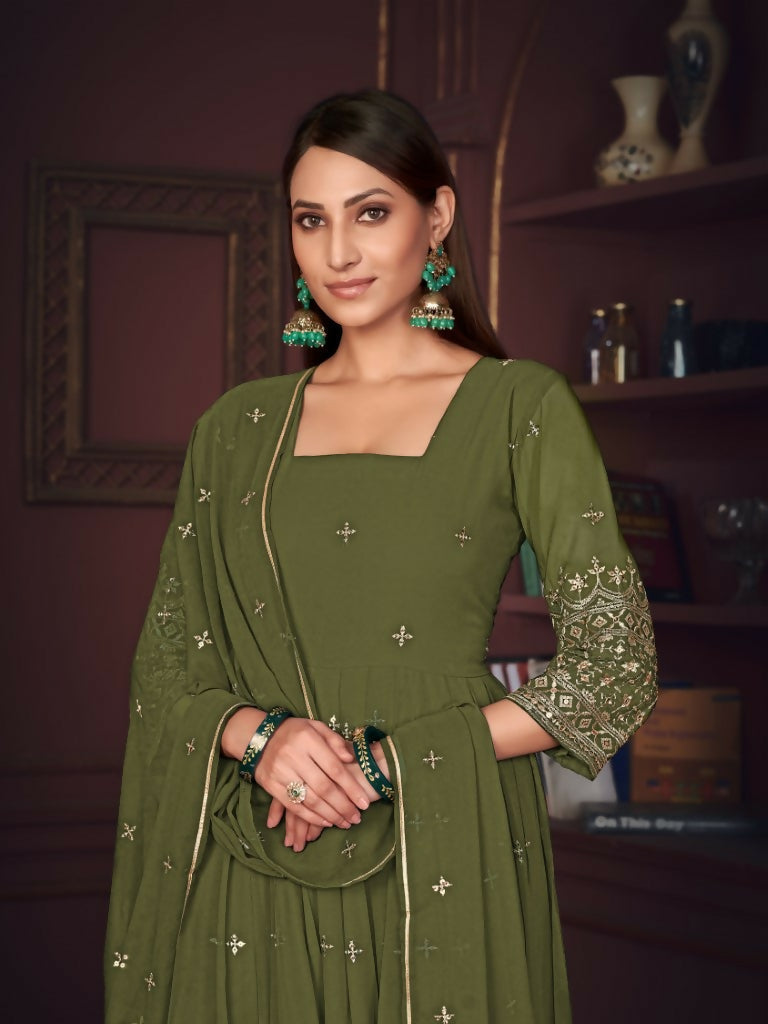 Women's Olive Green Georgette Embroidered Anarkali Kurta Pant Set