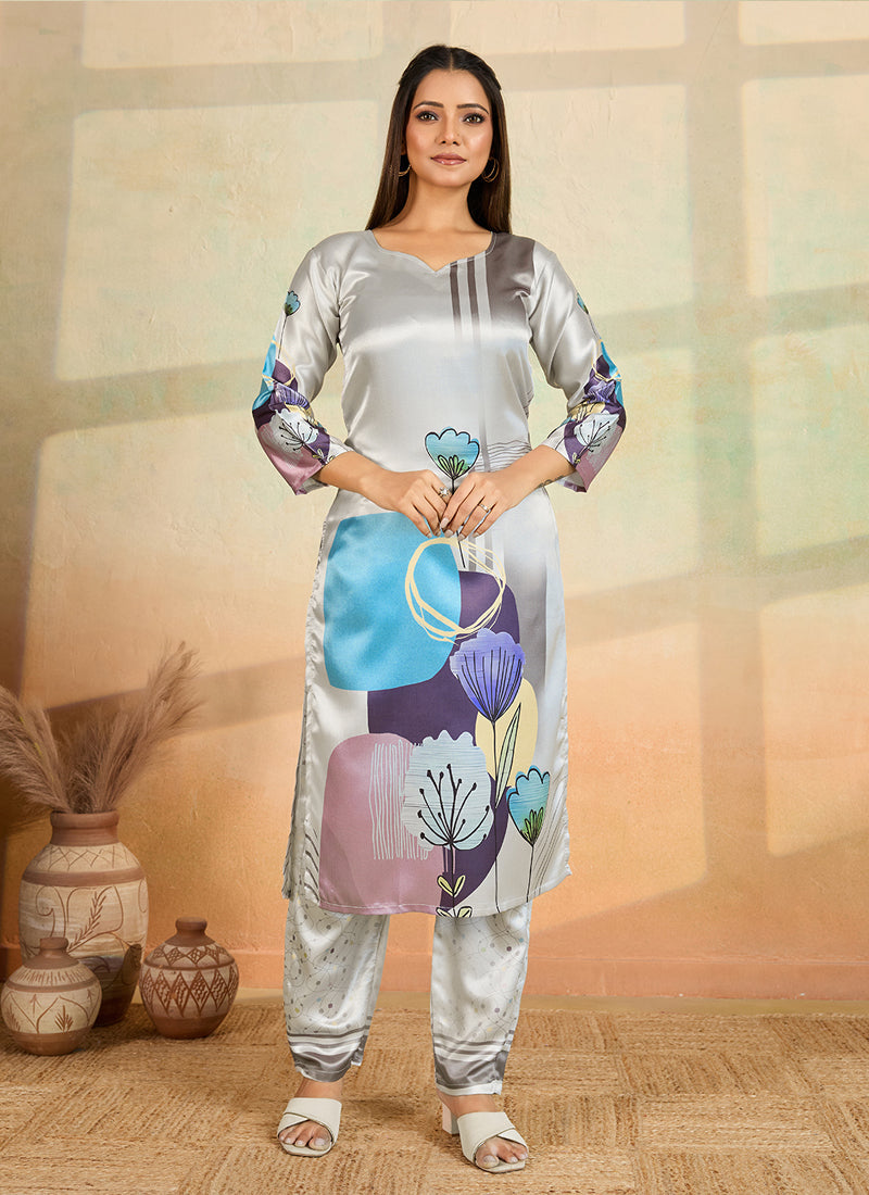 Light grey printed cotton rayon kurta set with matching pants