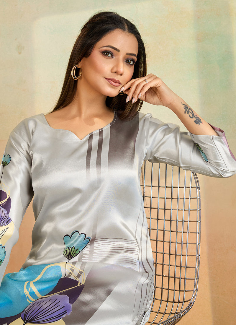 Light Grey Printed Cotton Rayon Kurta and Pant Set