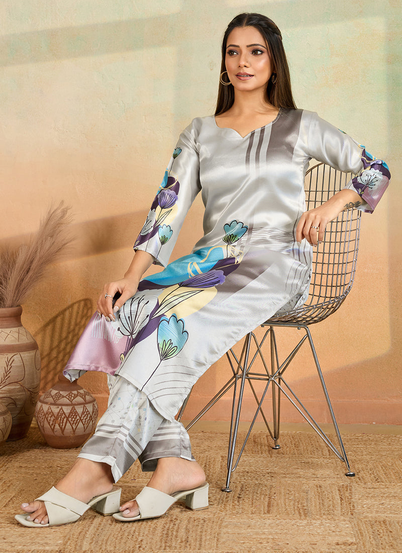 Light Grey Printed Cotton Rayon Kurta and Pant Set