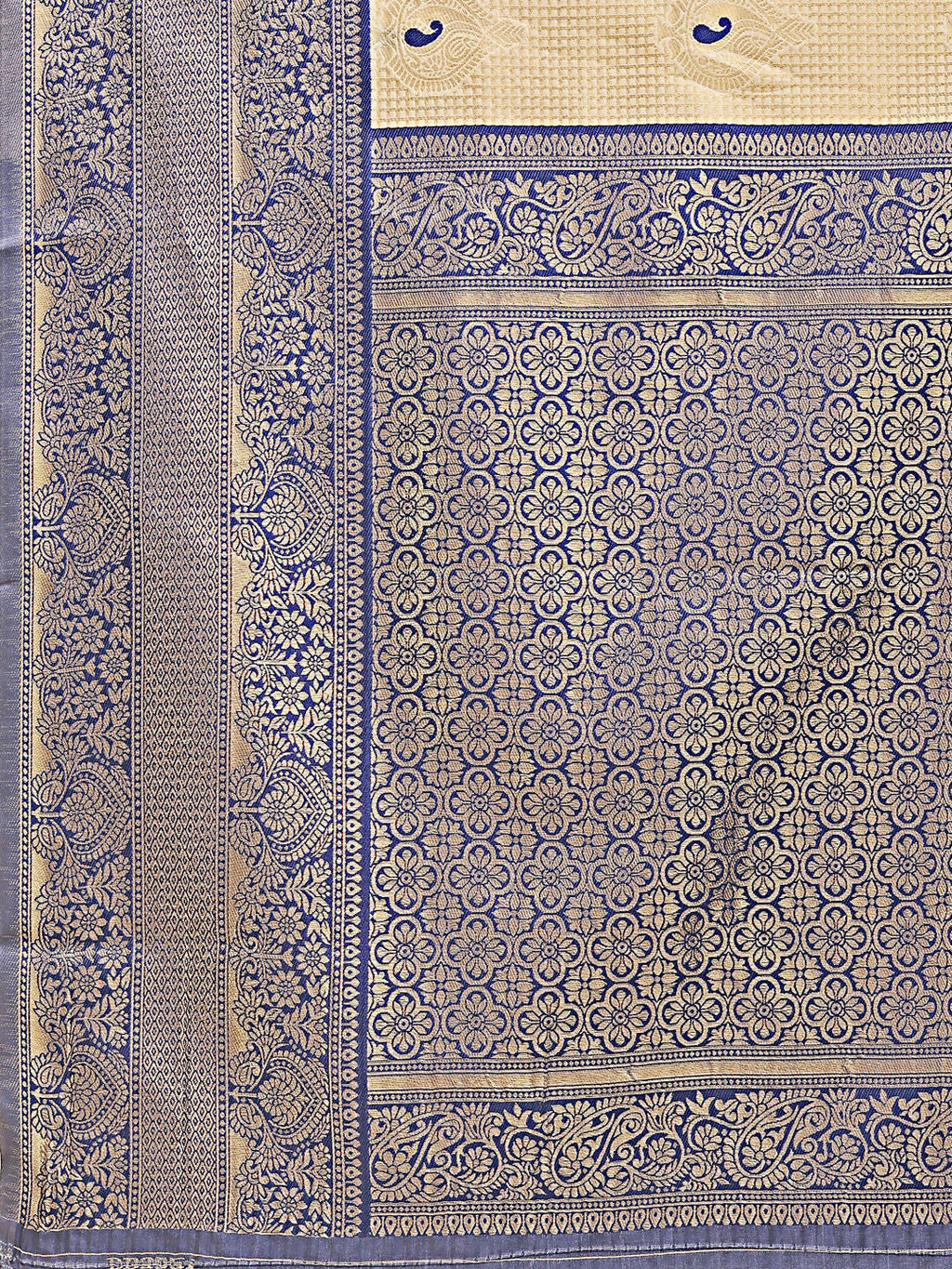 Cream and Navy Blue Banarasi Silk Saree with Matching Blouse