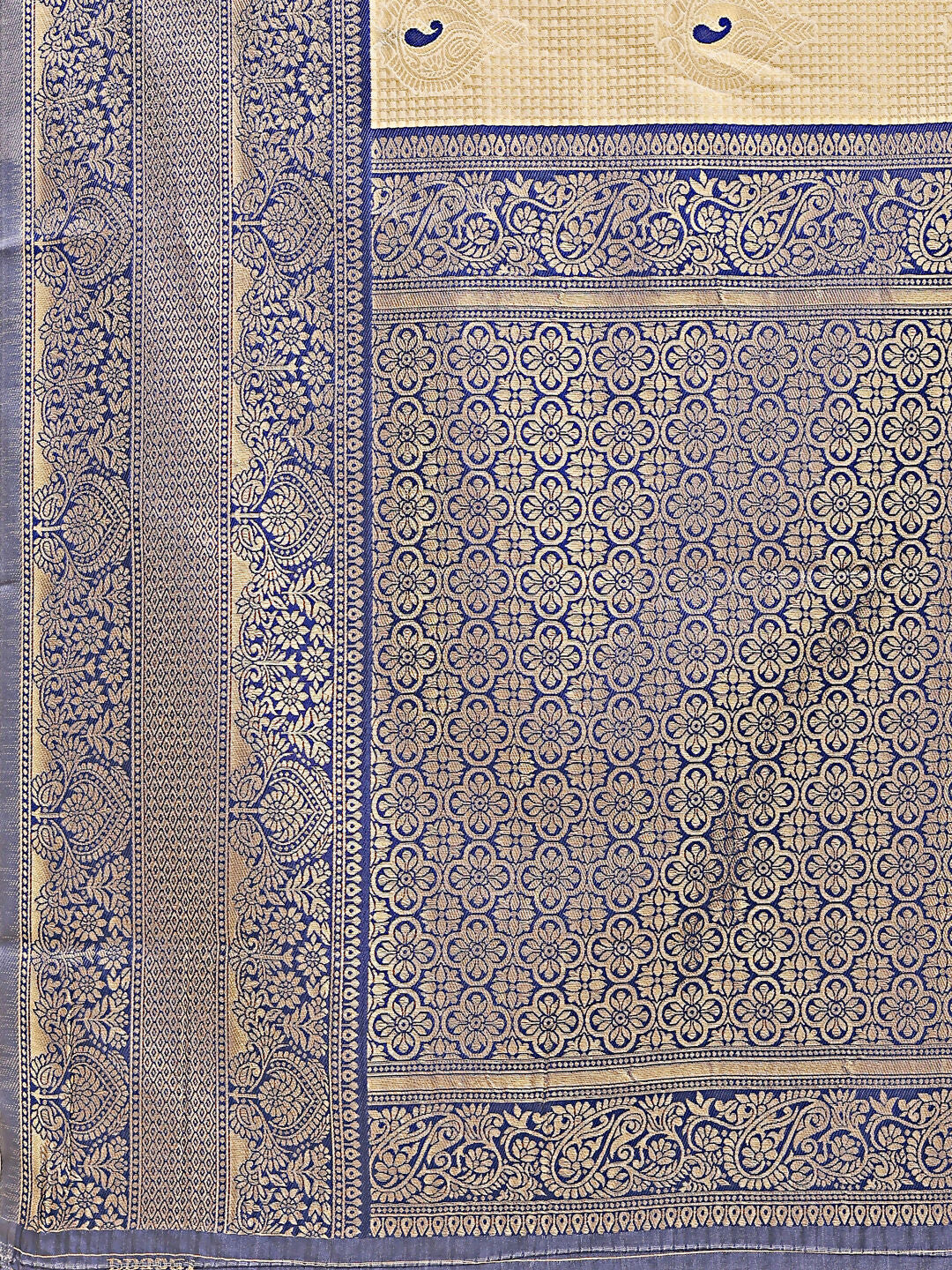 Cream and Navy Blue Banarasi Silk Saree with Matching Blouse
