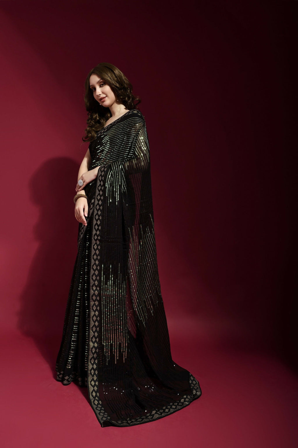 Vegaa Fashion Black Georgette Embroidered Party Wear Saree