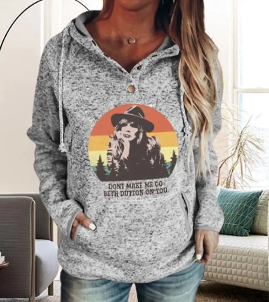 Women Grey Yellowstone Dutton Ranch Graphic Hooded Pullover Sweater - Image 32