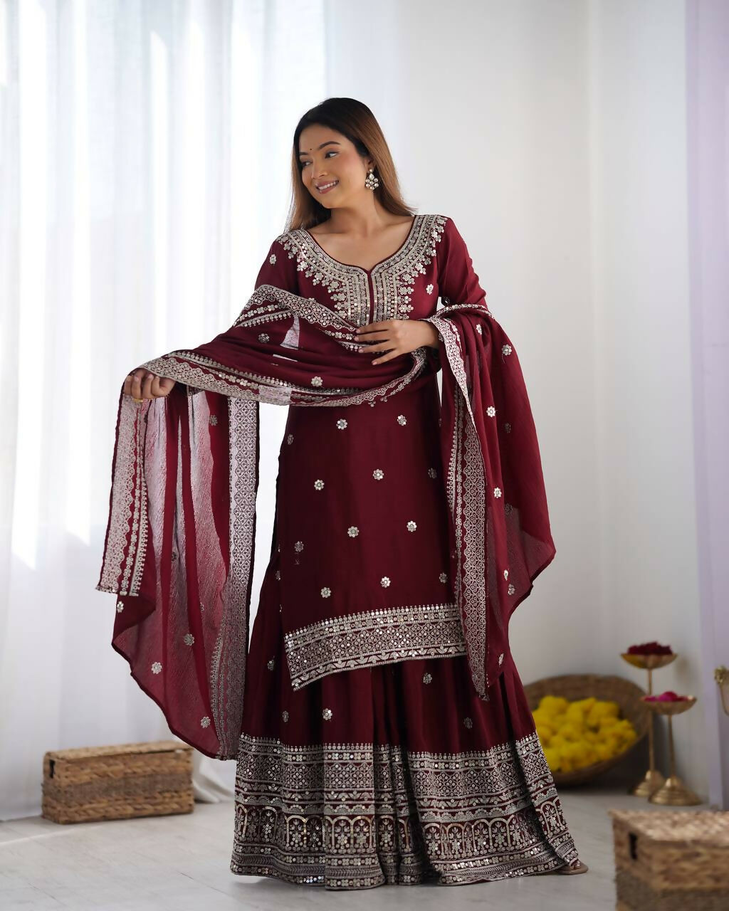 Maroon Silk Kurta Set with Sequins, Zari, and Thread Embroidery