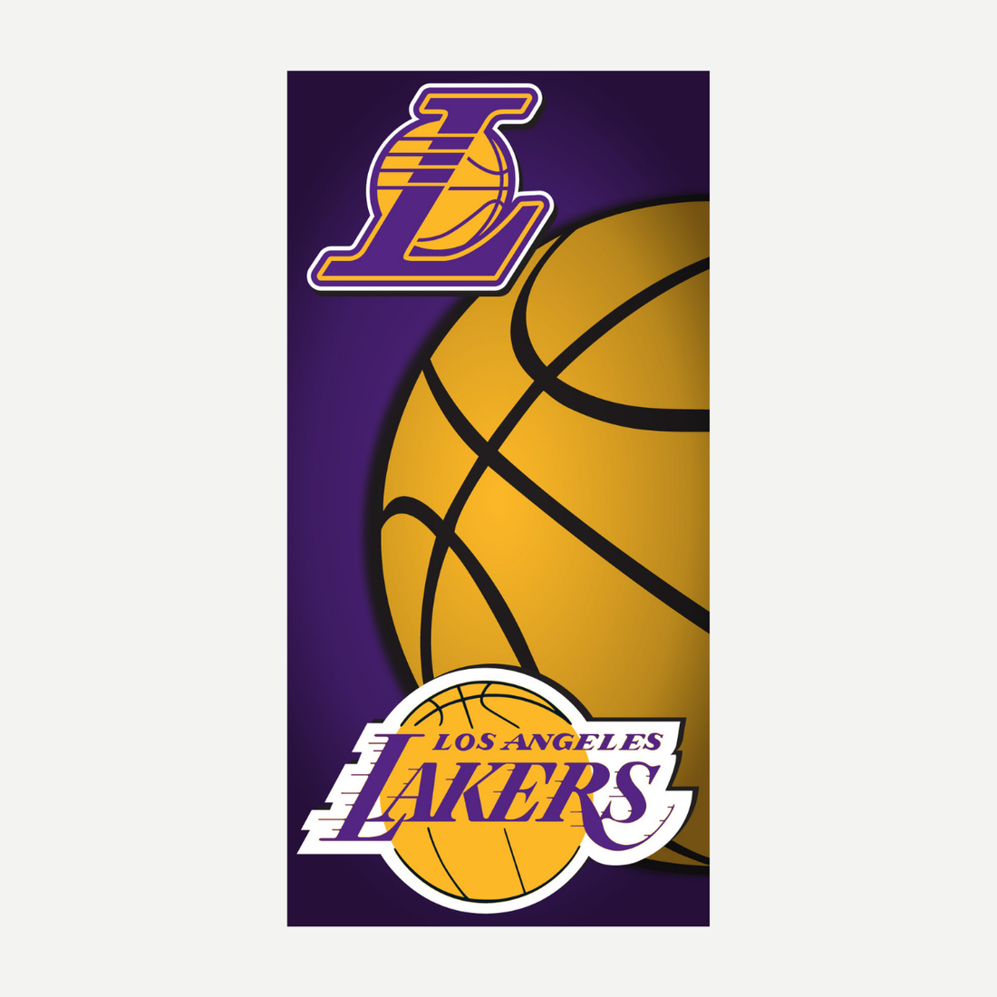 Los Angeles Lakers logo on a purple and gold velour beach towel with a large basketball graphic