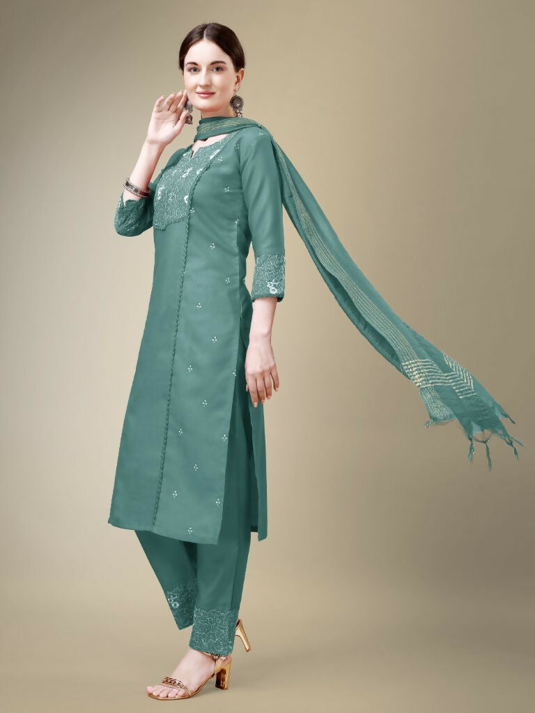 Women's Teal Cotton Blend Embroidered Kurta Set with Lace Work