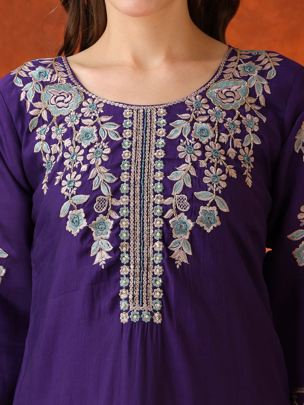 Hand Embroidered Purple Chanderi Kurta Set with Dupatta