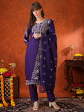 Close up of hand embroidered purple Chanderi kurta set with detailed dupatta