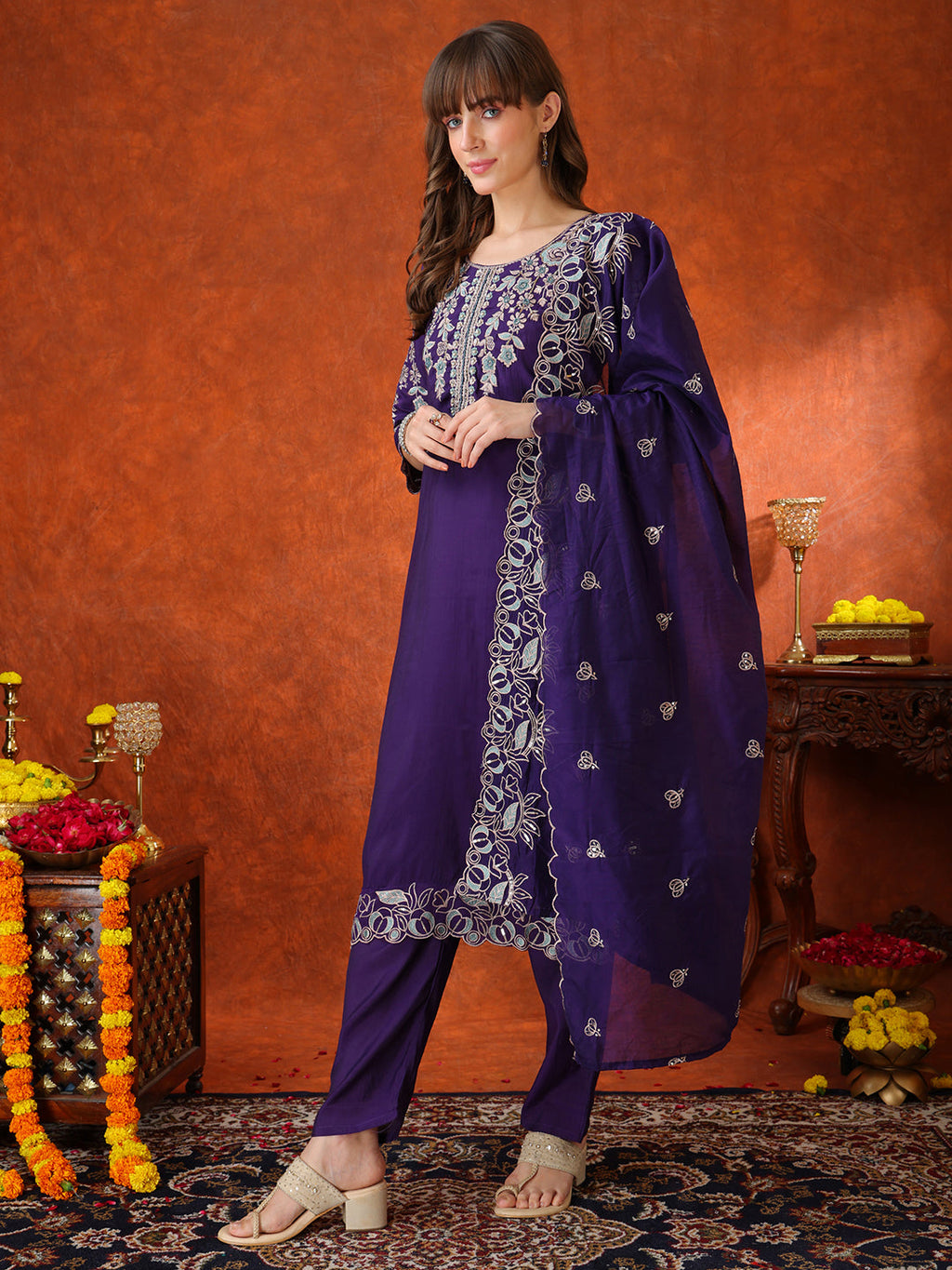 Hand Embroidered Purple Chanderi Kurta Set with Dupatta