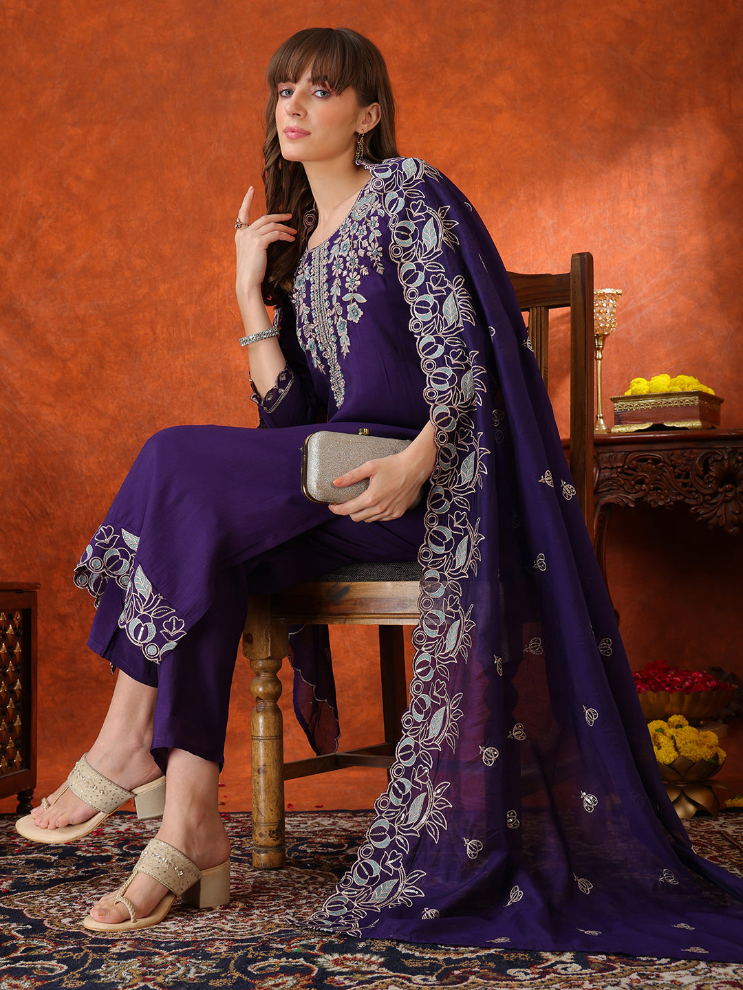 Hand Embroidered Purple Chanderi Kurta Set with Dupatta