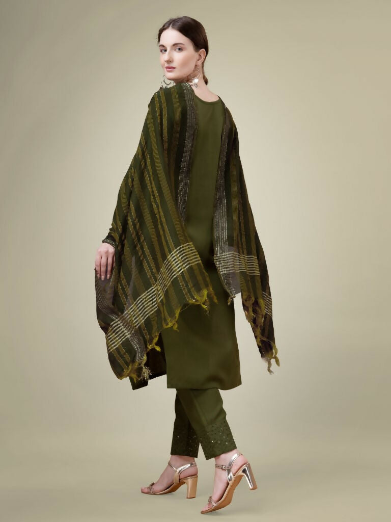 Mehendi Cotton Blend Straight Kurta with Trouser and Dupatta Set