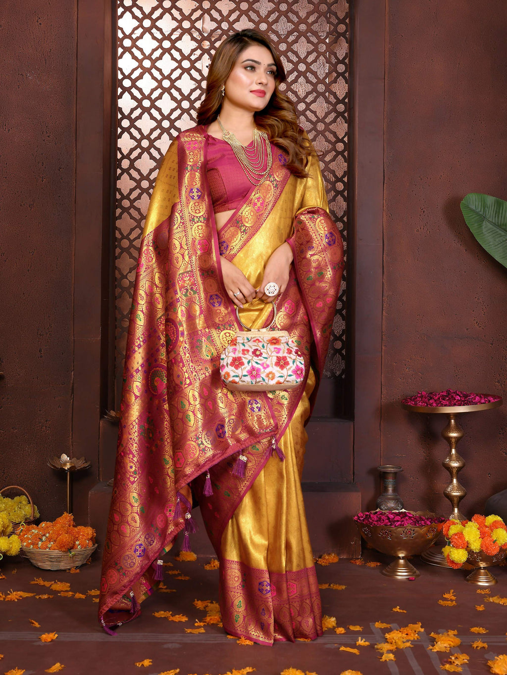 Gold Tissue Silk Weaving Saree with Maroon Blouse Piece