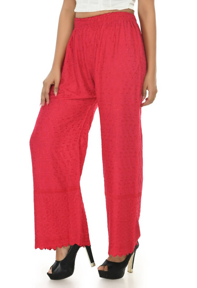 Magenta Rayon Cotton Palazzo with Detailed Chikankari Embroidery