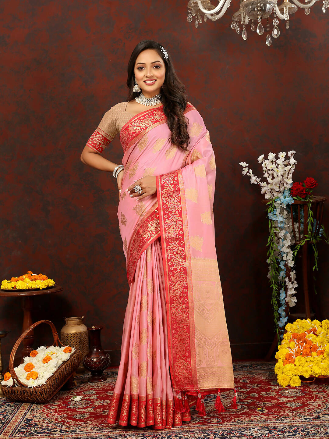 Pink Cotton Saree with Traditional Zari Weaving