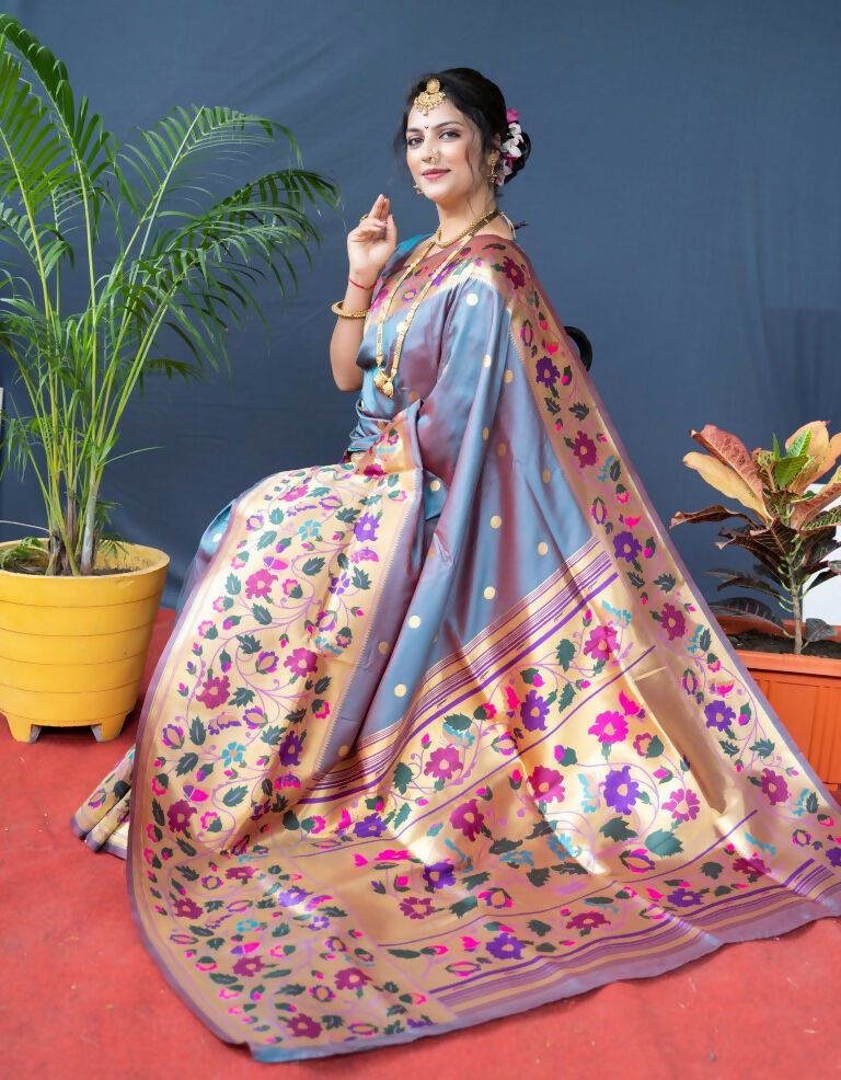 Grey Paithani Silk Saree with Zari Woven Border and Blouse