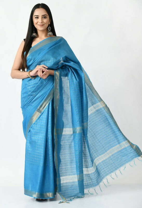 Sky Blue Bhagalpuri Handloom Silk saree with golden all-over pattern