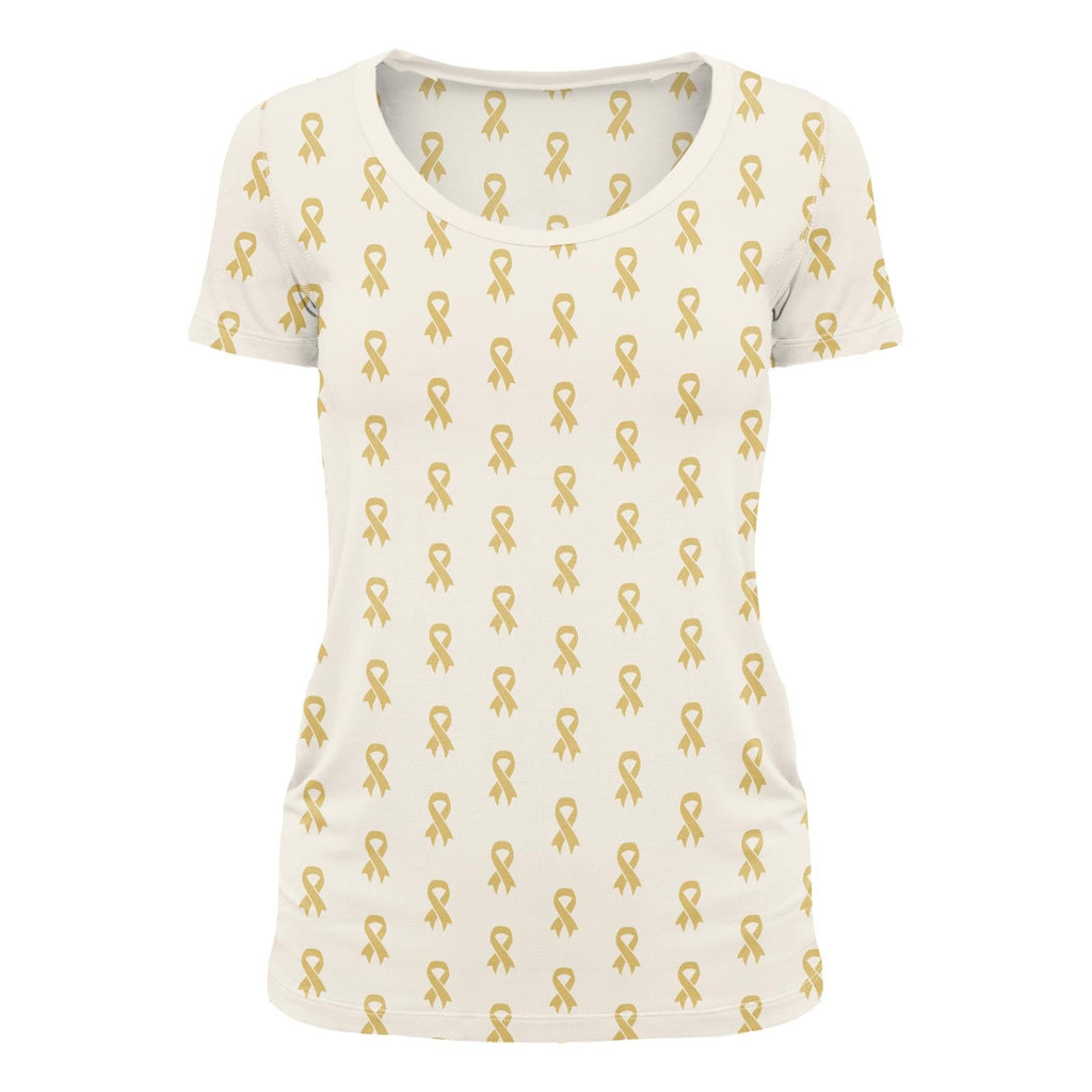 Women's short sleeve scoop neck t-shirt in a white and gold ribbon print, displayed flat and on a model.