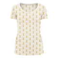 Women's short sleeve scoop neck t-shirt in a white and gold ribbon print, displayed flat and on a model.
