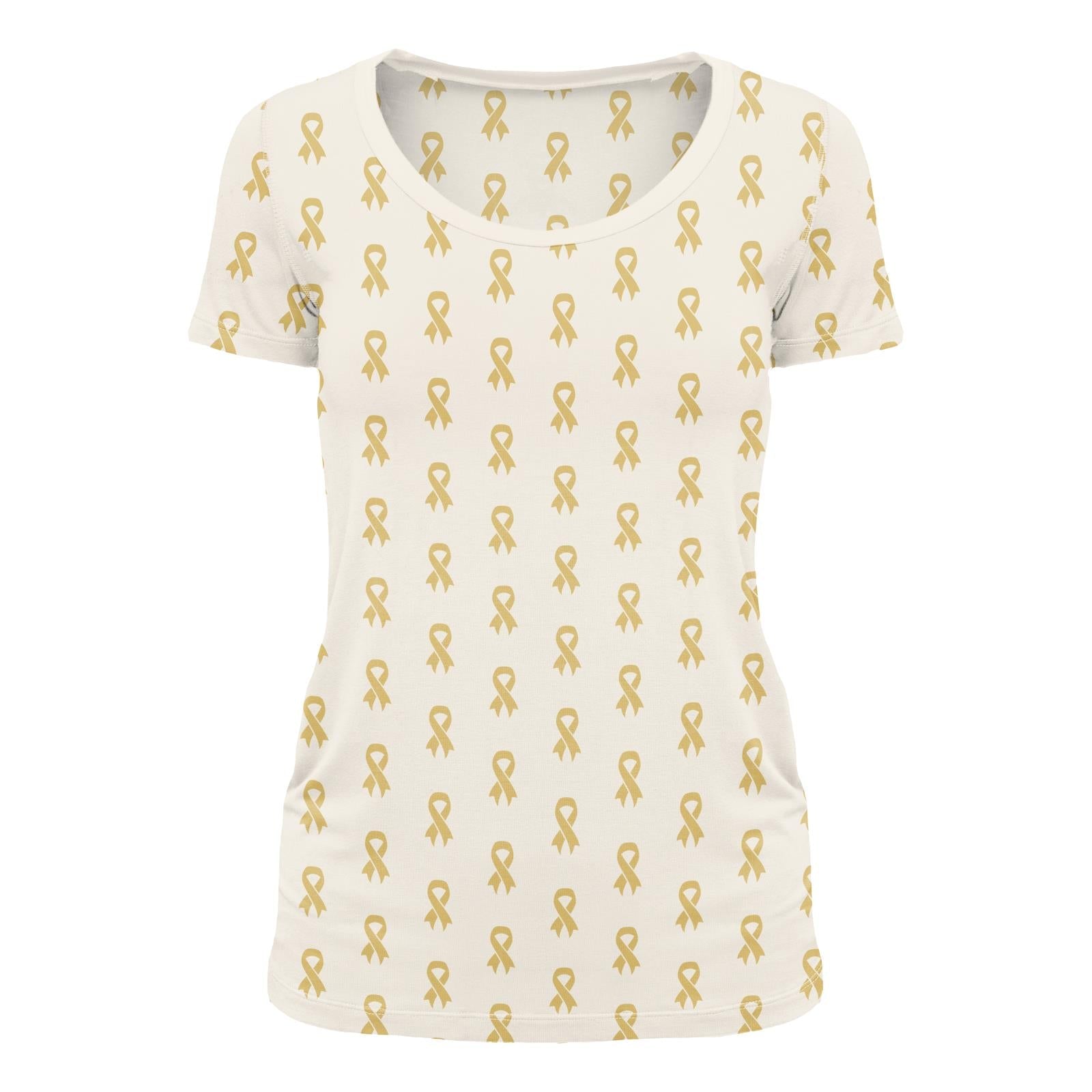 Women's short sleeve scoop neck t-shirt in a white and gold ribbon print, displayed flat and on a model.