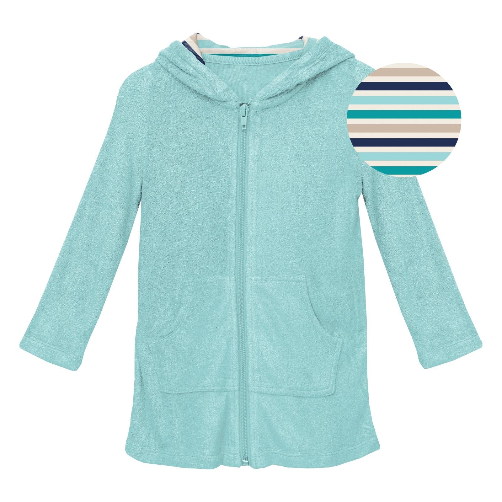 Terry Zip-Front After Swim Robe in Summer Sky with a sand and sea striped hood