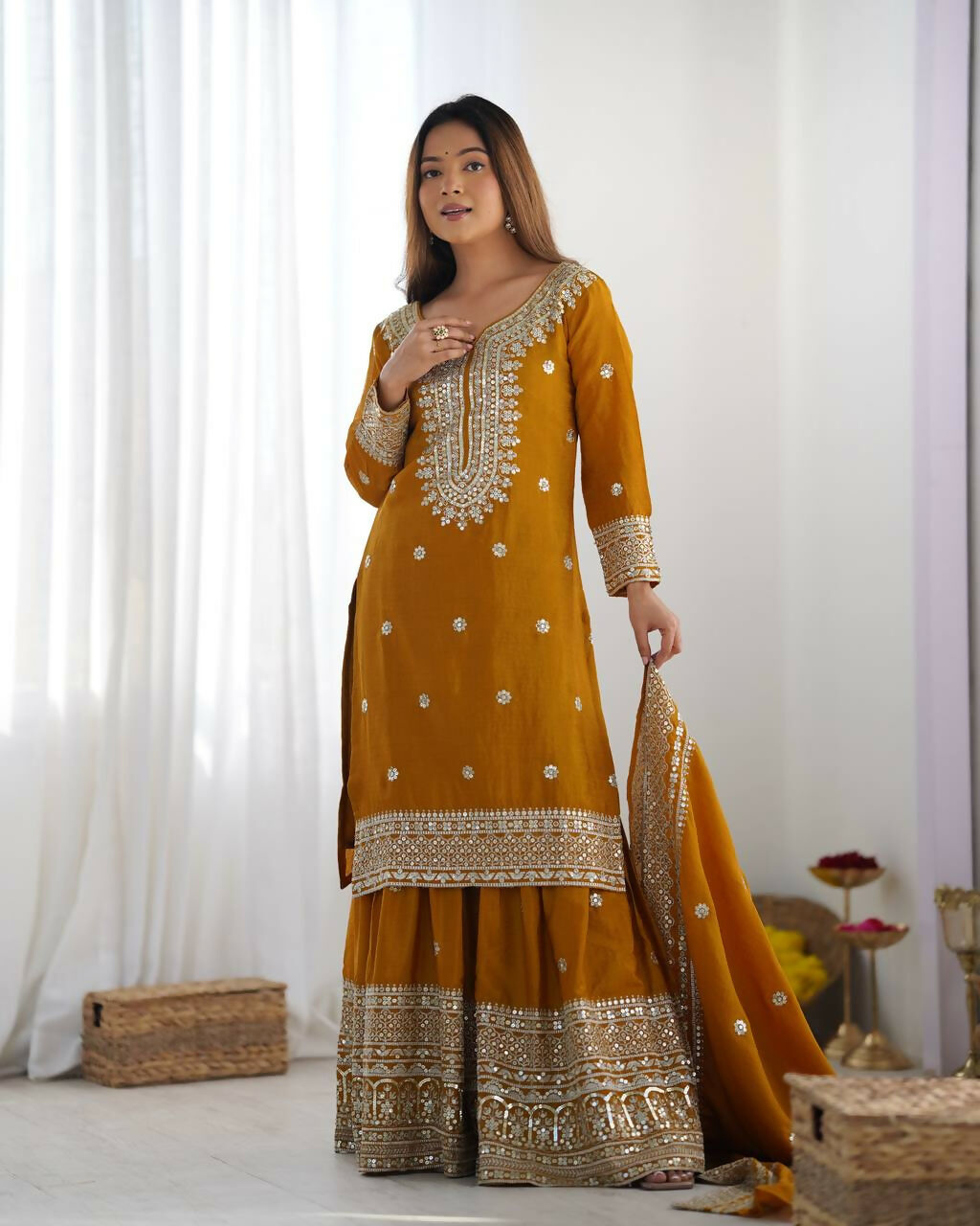 Mustard Silk Kurta Set with Sequins, Zari & Thread Embroidery