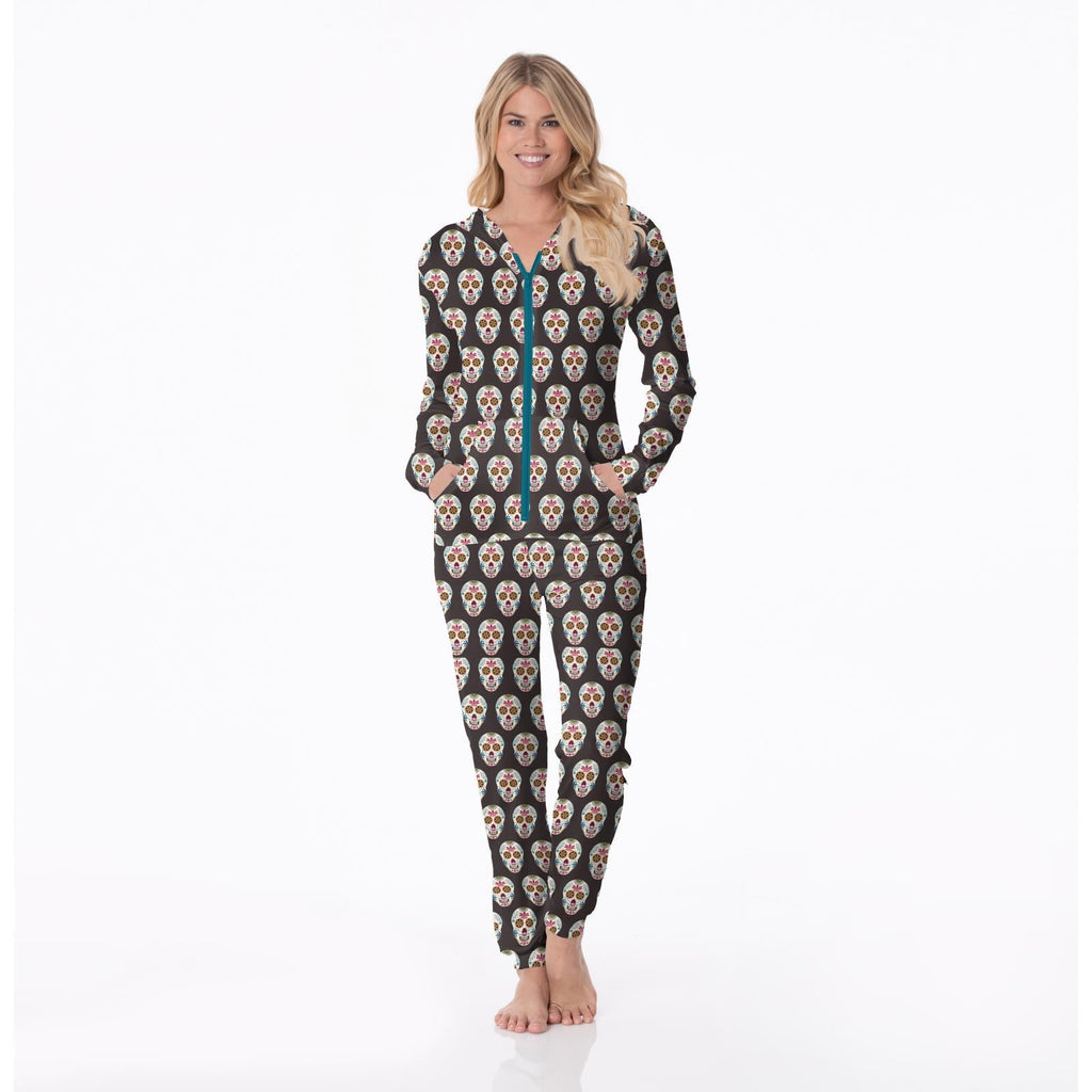 Women's Print Long Sleeve Jumpsuit with Hood in Midnight Dia de los Muertos