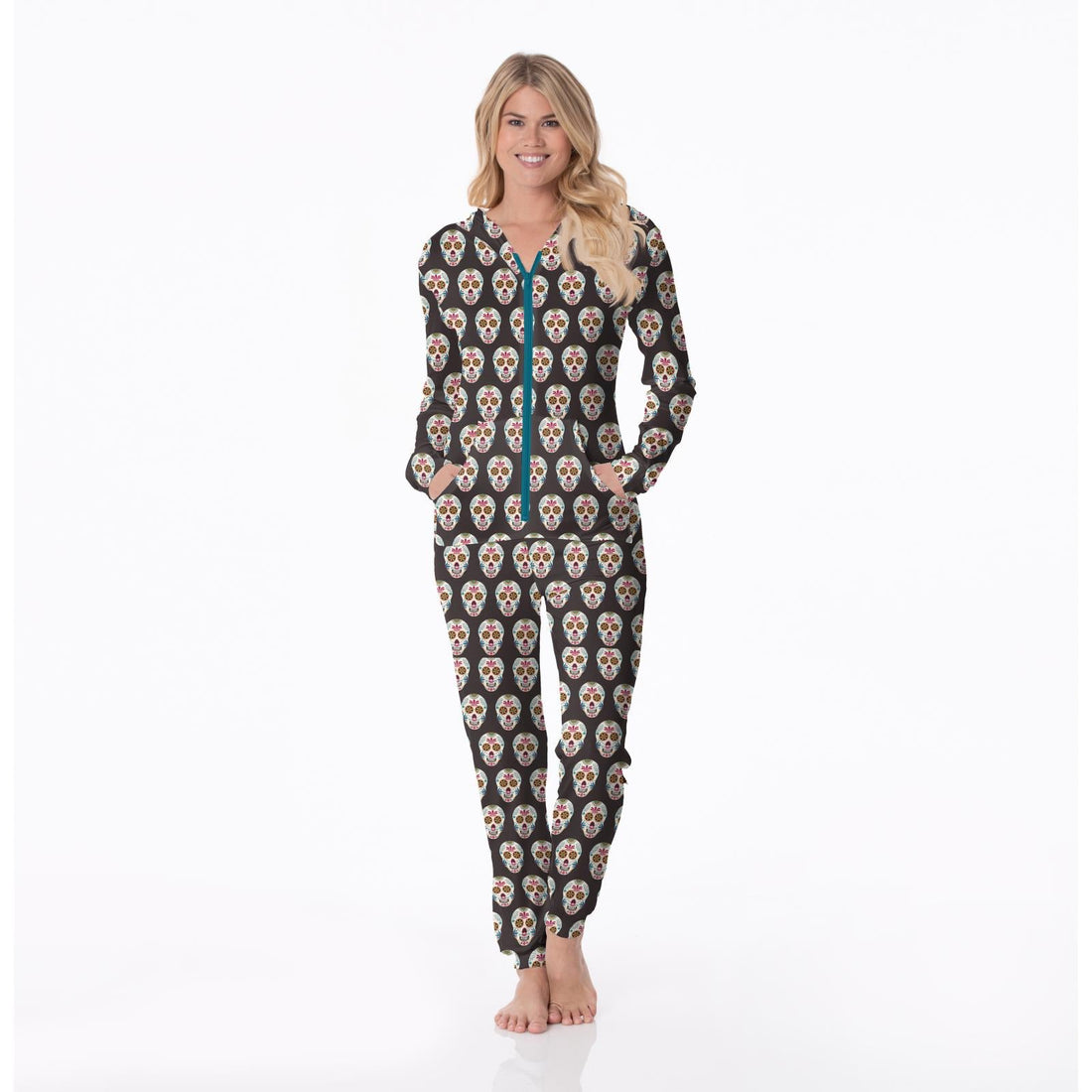 Women's Print Long Sleeve Jumpsuit with Hood in Midnight Dia de los Muertos