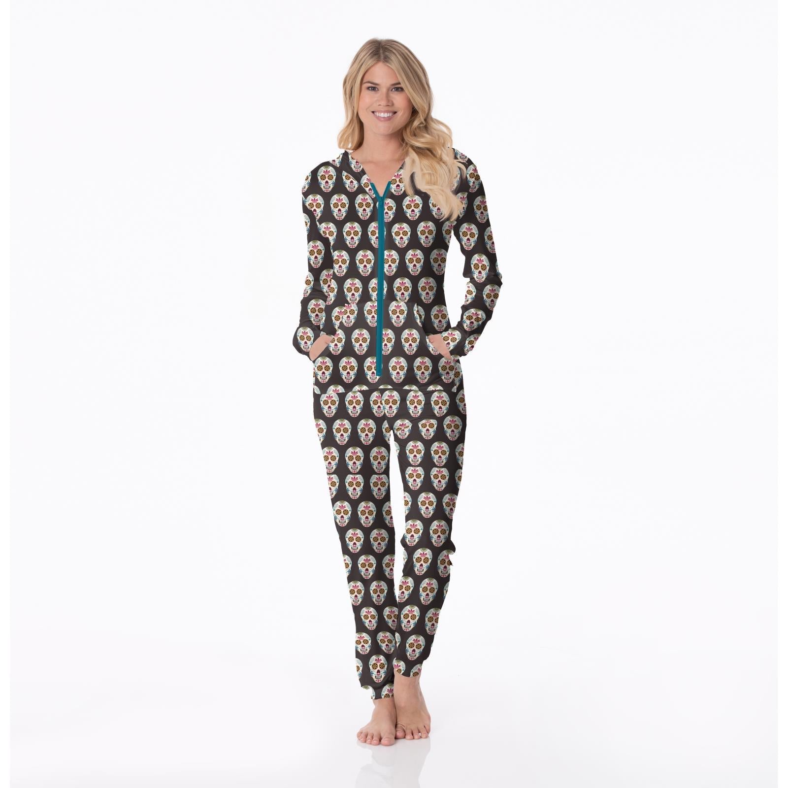 Women's Print Long Sleeve Jumpsuit with Hood in Midnight Dia de los Muertos