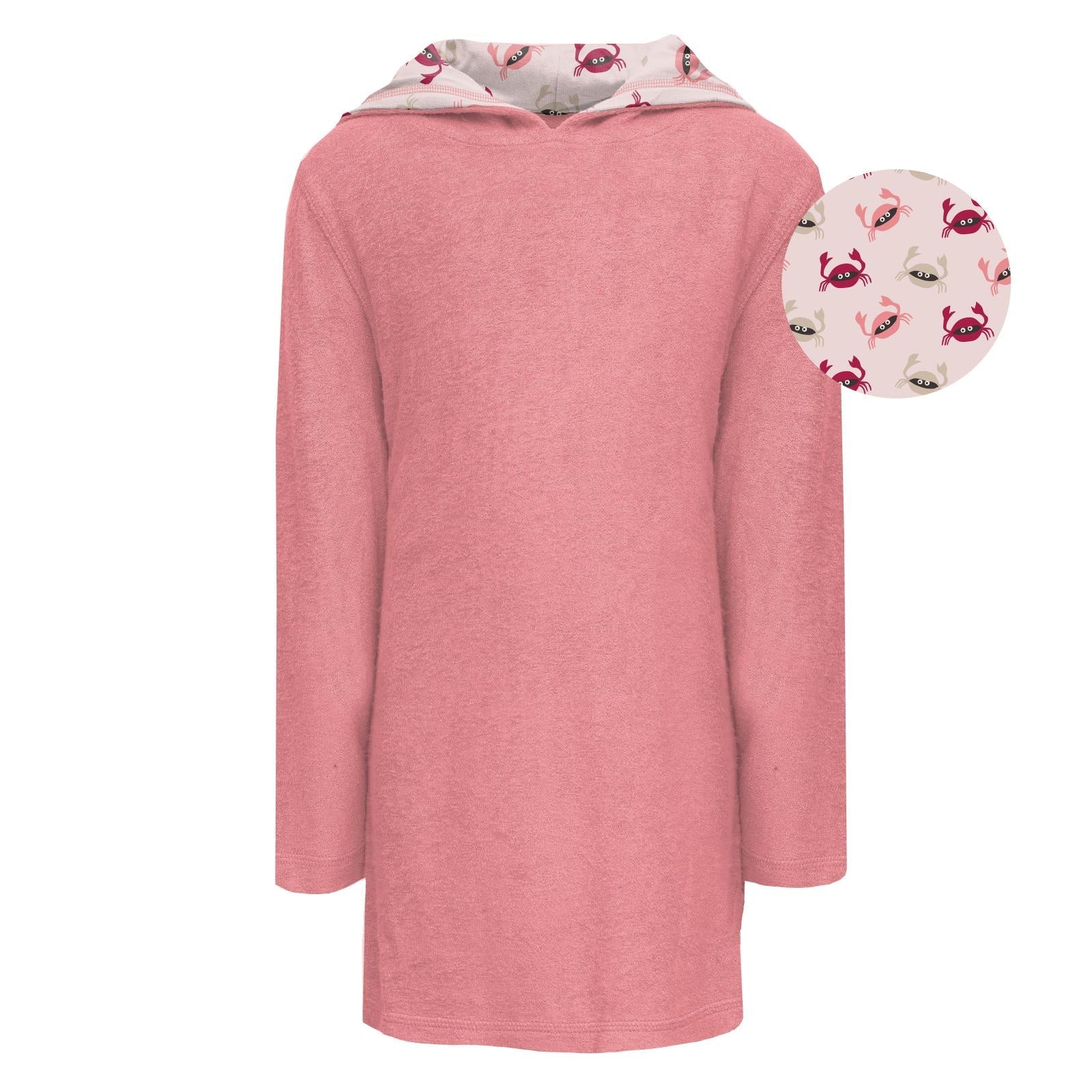 Strawberry pink terry pull-over robe with a crab-themed hood for children