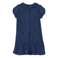 A soft, heathered navy blue terry cloth swim cover-up with a ruffled hem and hood for children.