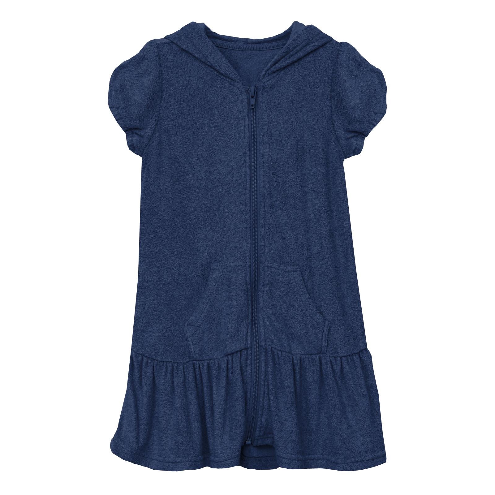 A soft, heathered navy blue terry cloth swim cover-up with a ruffled hem and hood for children.