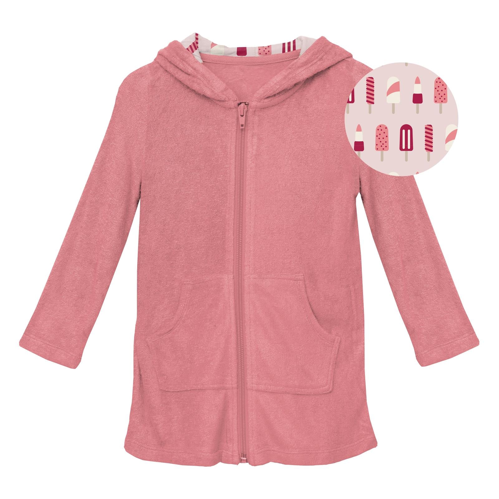 Rosy terry robe with a fun popsicle-print hood lining.