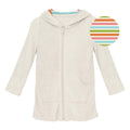 Terry zip-front after swim robe in natural with tangerine, coral, sky, and grass beach stripes