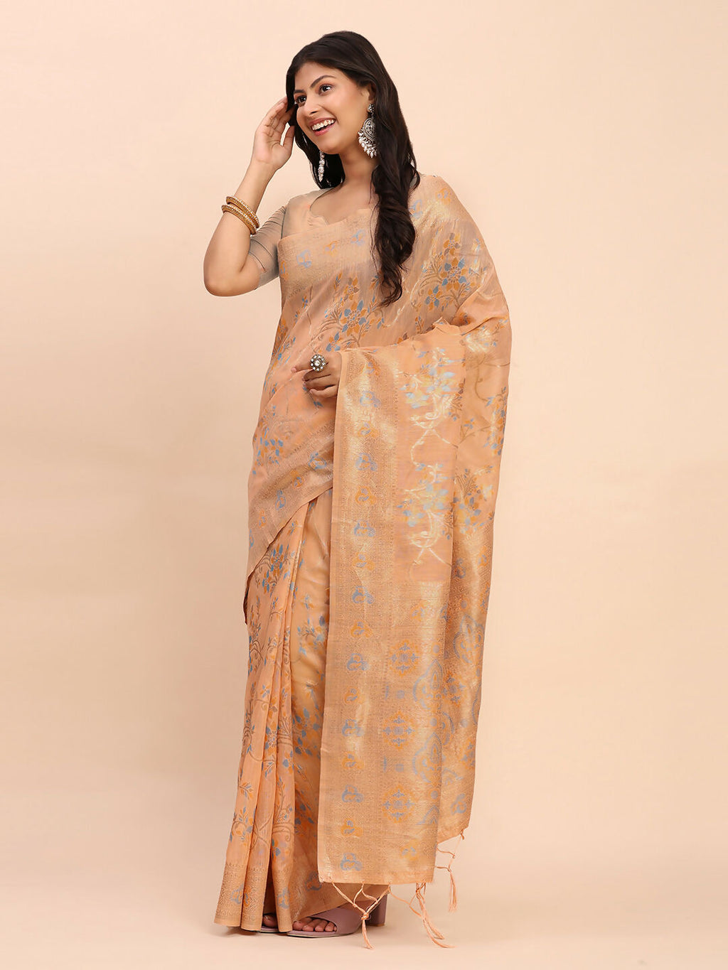 Orange Linen Cotton Saree with Matching Blouse
