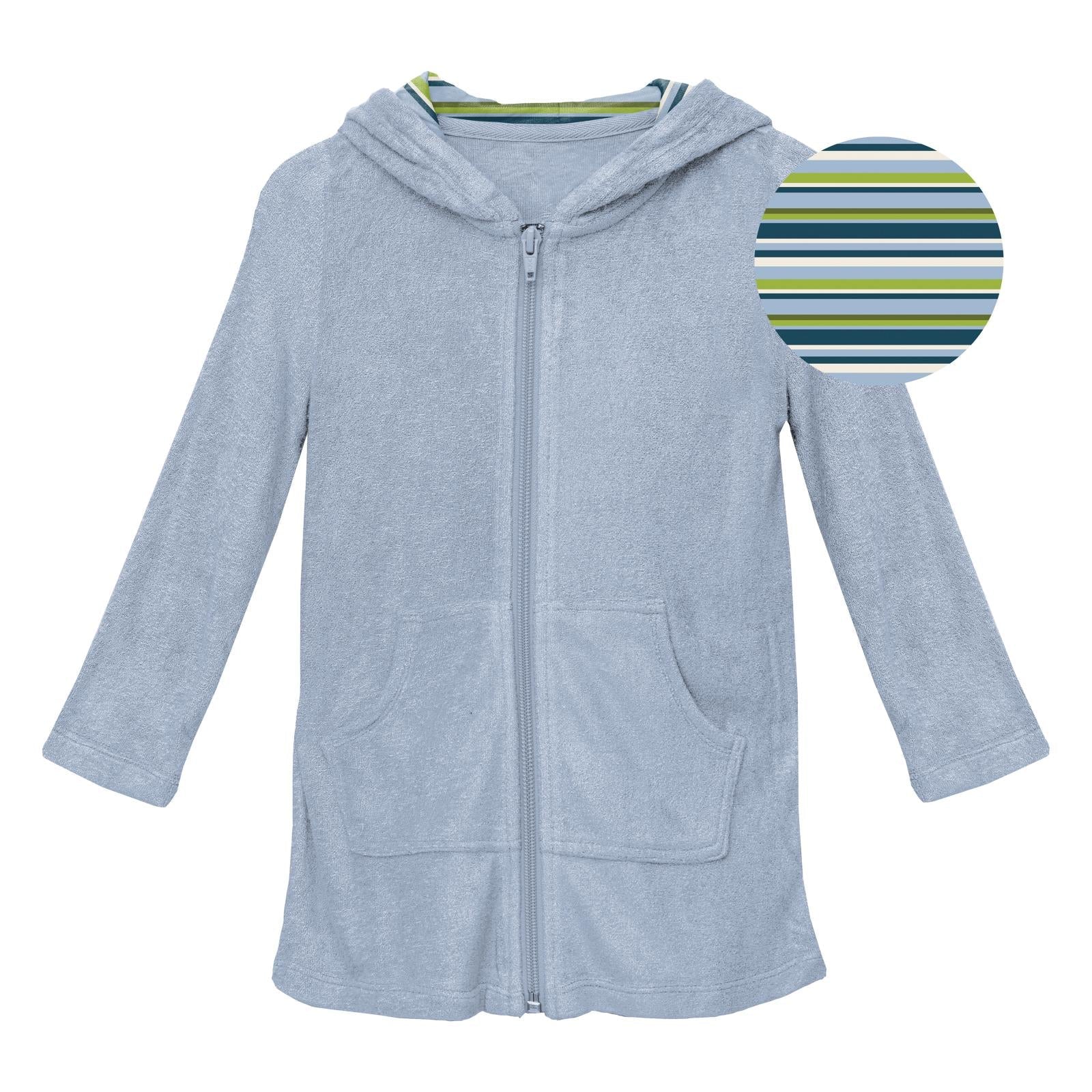 Terry zip-front robe in pond blue with nautical stripe lining for children