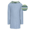 Terry pull-over after swim robe in pond blue with a multi-colored sailaway stripe hood