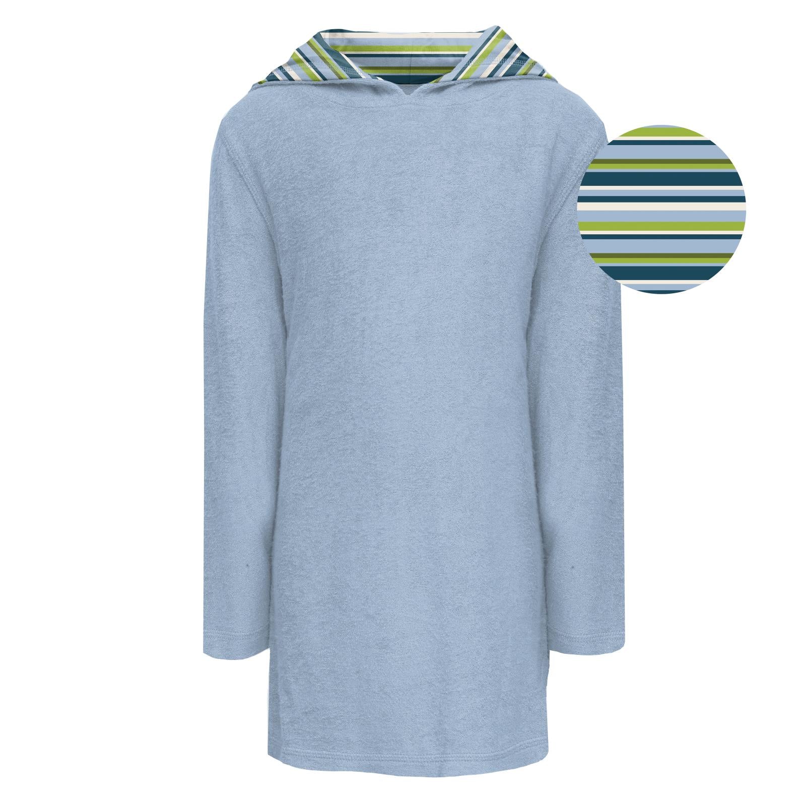 Terry pull-over after swim robe in pond blue with a multi-colored sailaway stripe hood