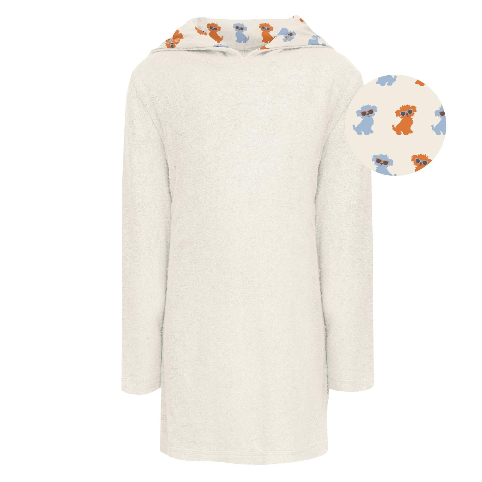 Terry Pull-over After Swim Robe in natural with a beach pup print hood, knee-length and relaxed fit.