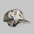 Hickory Camo trucker hat with rope detail and 3D puff embroidery logo.